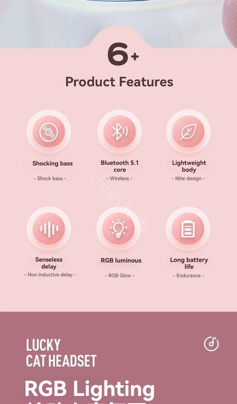 GRB Glow Gaming Headset Gamer Stereo Bass Cat Ear Wireless Earpods Bluetooth Earphones TYPE-C Cable Headphones Blutooth Handfree