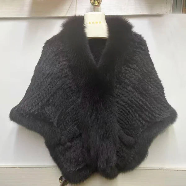 Women 100% Real Rabbit Fur Shawl Scarf With Fox Fur Collar Winter Warm Knitted Rabbit Fur Poncho Girls Party Fashion Accessories