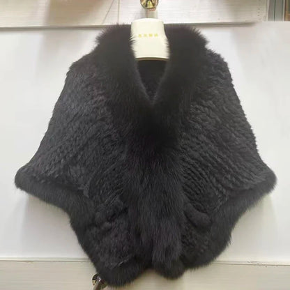 Women 100% Real Rabbit Fur Shawl Scarf With Fox Fur Collar Winter Warm Knitted Rabbit Fur Poncho Girls Party Fashion Accessories