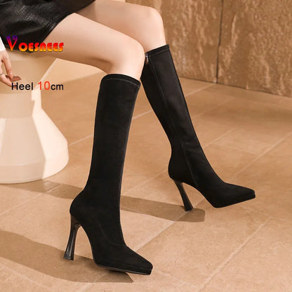Black Knee High Boots For Women Pointed Toe 10cm High Heel Platform Side Zipper Slim Party Tall Boots Autumn Winter Lady Shoes