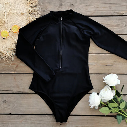 2026 Surfing Sport Swimsuit Long Sleeves Women One Piece Swimsuit  Swimwear Solid Monokini Bathing Suit Tropical Bodysuit Female
