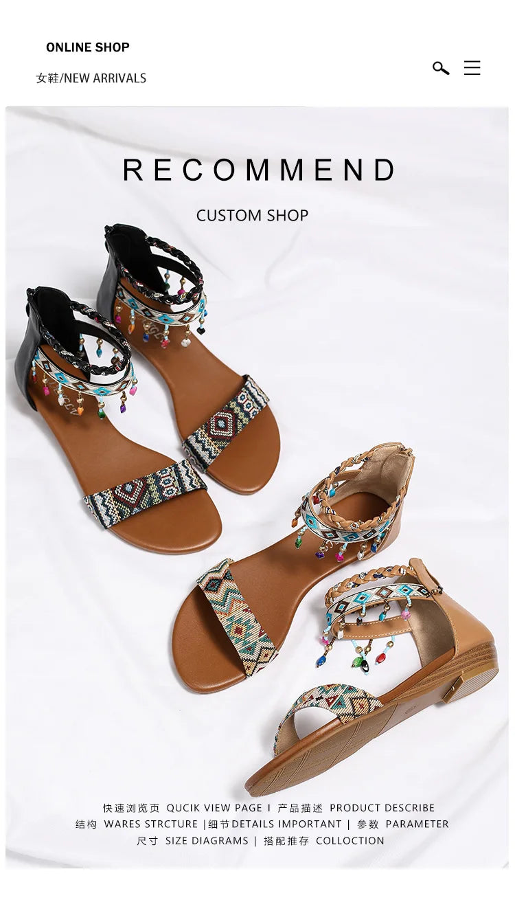 High quality leather flat sandals for women 2.5cm low heel vintage print new summer 2026 36 42 open toe casual shoe black brown