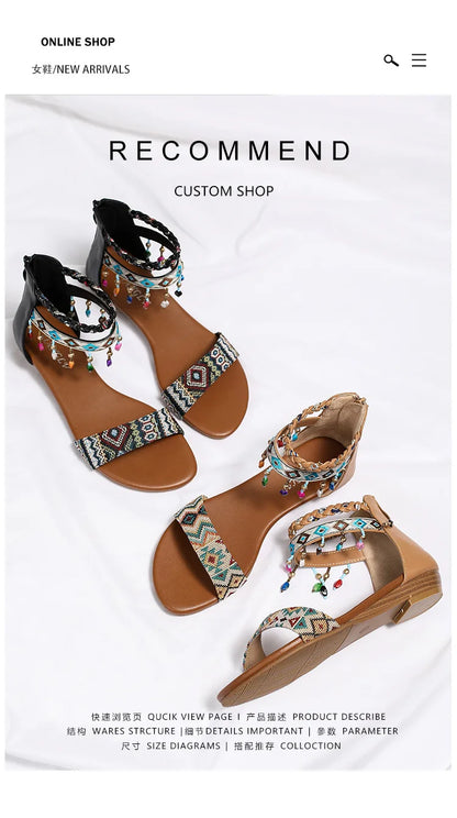 High quality leather flat sandals for women 2.5cm low heel vintage print new summer 2026 36 42 open toe casual shoe black brown