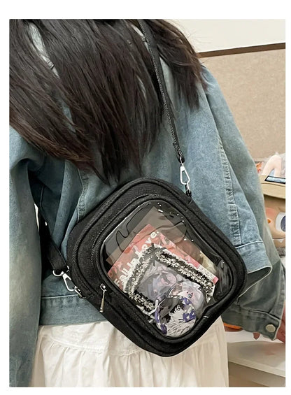 New Denim Ulzzang Ita Bags Female Transparent Badge Doll Show Crossbody Shoulder Bag Individuality Designer 2 Sides Bolso Mujer