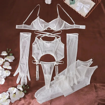 Solid Women's Lingerie Sets Seductive See Through Bra Belt Thong 3PC with glovs stockings Sissy Sexy Women's Underwear
