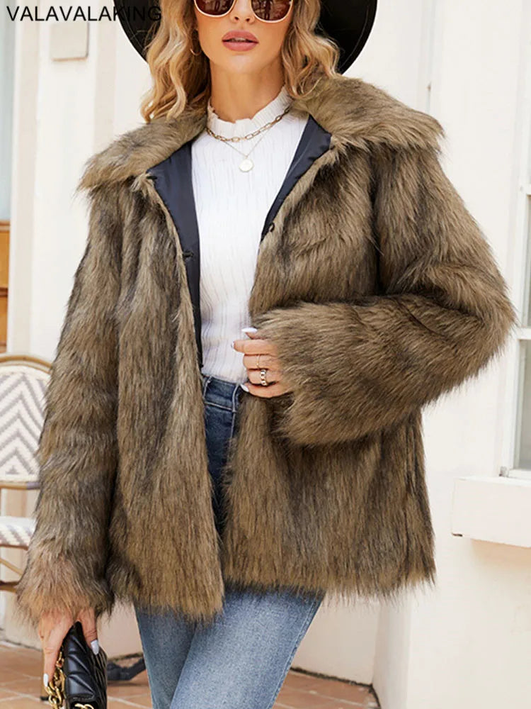 2026 Autumn Winter Brown Faux Fur Coat Women Casual Turndown collar Fluffy Plush Jacket Long Sleeve Thick Fake Fur Warm Cardigan
