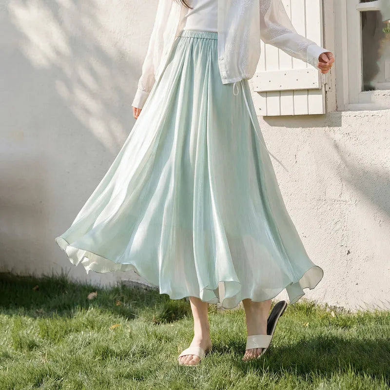 SENTUBILA Women's Summer Skirt 2026 Elegant Elastic Waist Sheen Flowy A Line Long Skirt for Woman Ladies Clothes 162QG4909