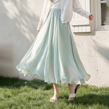 SENTUBILA Women's Summer Skirt 2026 Elegant Elastic Waist Sheen Flowy A Line Long Skirt for Woman Ladies Clothes 162QG4909