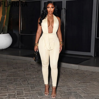 FLARORA Sexy Halter Backless Jumpsuits Woman Deep V-neck Sleeveless Ruched Waist With Draped Tie Skinny Jumpsuit Party Clubwear