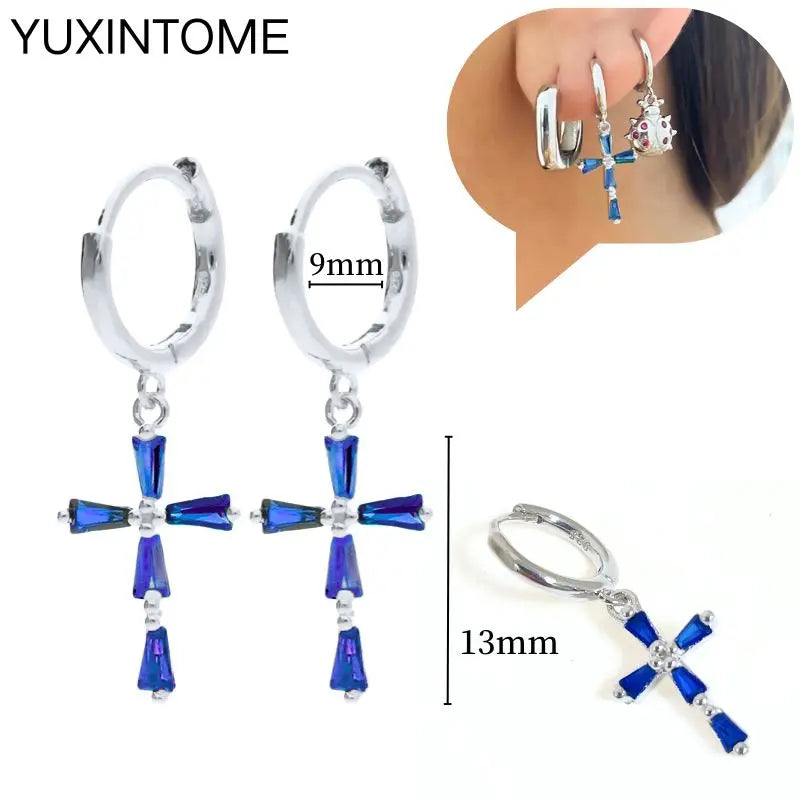 925 Sterling Silver Needle Dark Blue Crystal Silver Earrings Women's Exquisite Heart Blue Pendant Hoop Earrings Luxury Jewelry