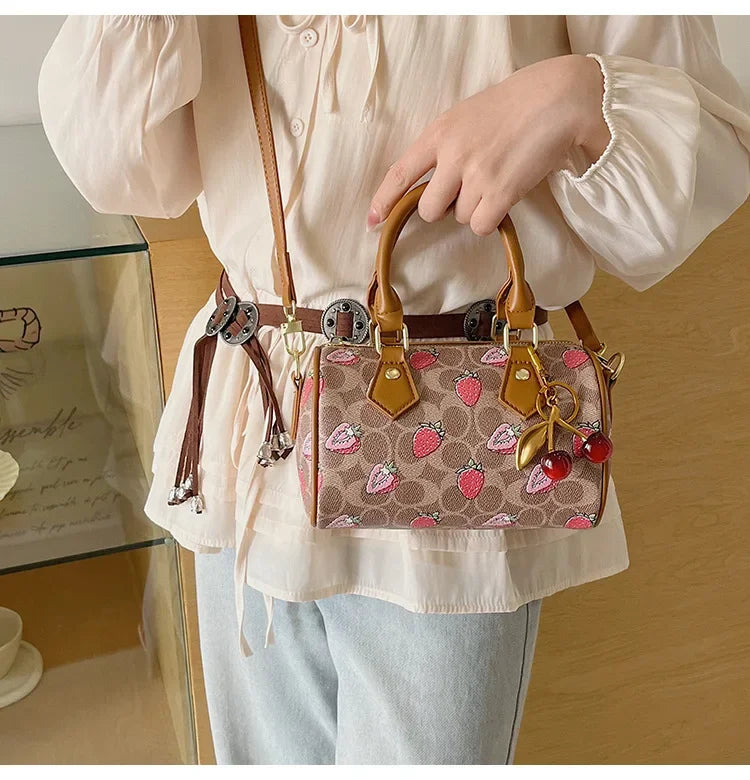2026 Luxury Designers Crossbody Bags Cherry Pattern PU Leather Boston Handbag Shoulder Bags Bolsos Mujer Bags Woman Tote Bag