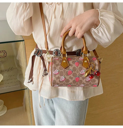 2026 Luxury Designers Crossbody Bags Cherry Pattern PU Leather Boston Handbag Shoulder Bags Bolsos Mujer Bags Woman Tote Bag