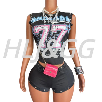 HLJ&GG Trend Fashion Letter Print Rivet Tshirts Two Piece Sets Women O Neck Sleeveless Top And Shorts Outfit Y2K 2pcs Streetwear