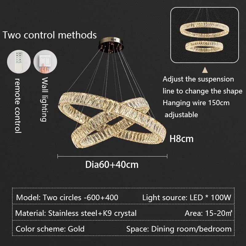 Modern LED Luxury Crystal Chandelier Villa Staircase Living Room Dimming Circular Gold Chandelier Home Lighting Indoor Light