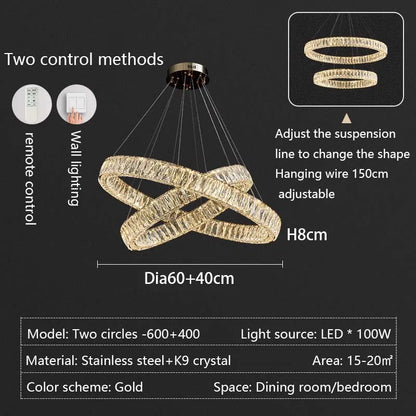 Modern LED Luxury Crystal Chandelier Villa Staircase Living Room Dimming Circular Gold Chandelier Home Lighting Indoor Light