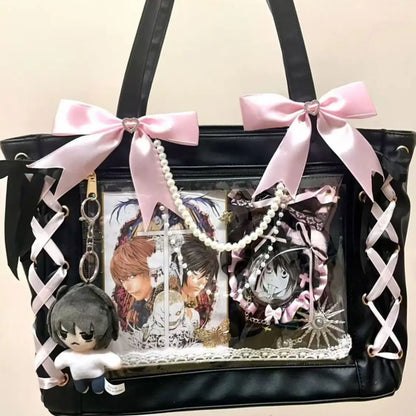 New Japanese Cute Sweet Ribbon Ita Bag Lolita Girls Transparent Handbags Fashion Large Capacity Tote Bag Aesthetic Shoulder Bags