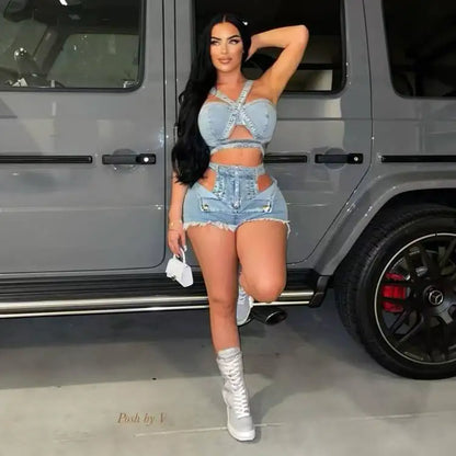 Streetwear Hollow Out Jeans Shorts Outfit Set Sexy Women Elegant Two Pieces Denim Club Matching Set Top+Shorts