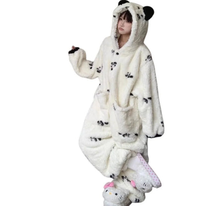 Funny Cute White Panda Pajamas One-piece Cral Fleece Thick and Warm Home Wear Autumn Winter for Women Halloween Christmas Gifts
