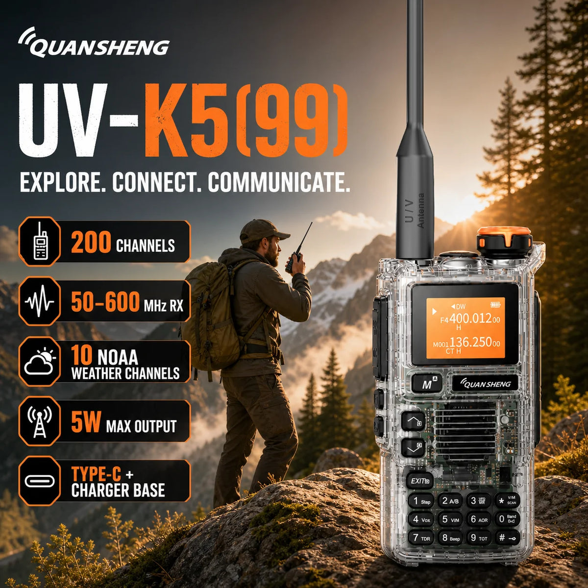 QUANSHENG UV-K5(99) V3 Walkie Talkie 2MB Memory 50-600MHz Air Band RX 5W Two Way Radio Type-C Wireless Copy Custom Firmware