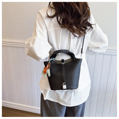 Fashion Vegetable Basket Bucket Bag Women's Autumn New Lychee Pattern Shoulder Bag Simple Solid Color Niche Messenger Bag