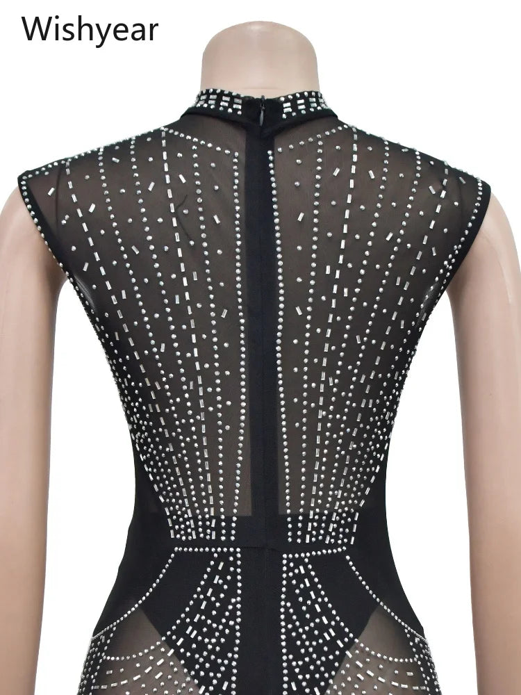 Women One Piece Party Jumpsuit High Neck Sheer Mesh Rhinestone Beading Cap Sleeve Bodycon Long Romper for Cocktail Club Night