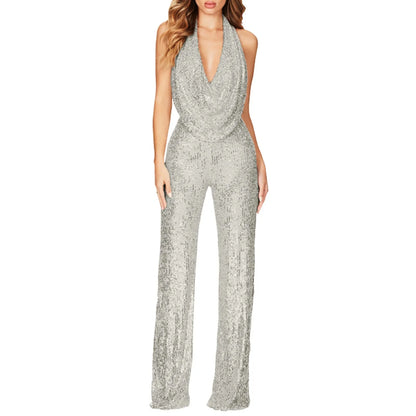 Elegant Women Deep V Wide Leg Jumpsuits Swing Neck Sleeveless Halter One-Piece Jumpsuits Fashion Sequin Shiny Party Romper