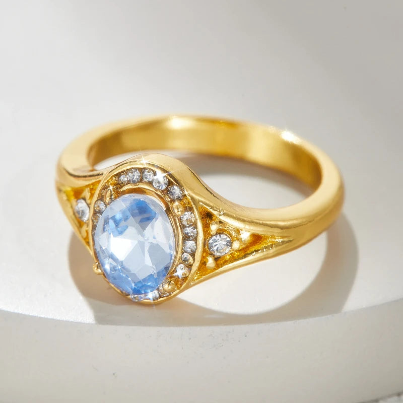 Gorgeous Charming Large Oval Blue Cubic Zirconia Stone Ring Women Fashion Golden Color Crystal Zircon Ring Bridal Trendy Jewelry
