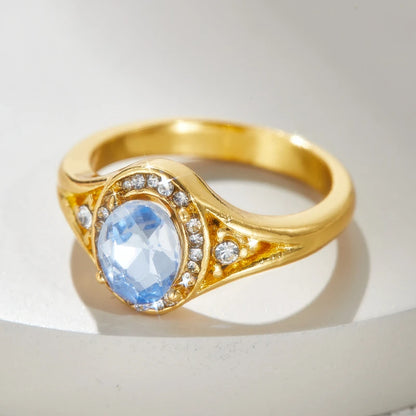 Gorgeous Charming Large Oval Blue Cubic Zirconia Stone Ring Women Fashion Golden Color Crystal Zircon Ring Bridal Trendy Jewelry