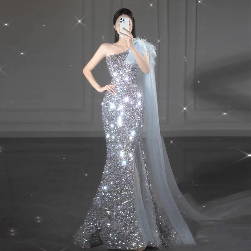 New High-end Sequin Temperament Fishtail Dress Wedding Guests Important Occasion Dress Host Stage Clothes Quinceanera Dresses