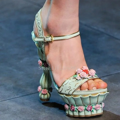 Cake Platform Palace Pink Open Sandals Women Flower Print Color Graffiti Heels Pillar Strange Style Sandals Round Slingback Shoe