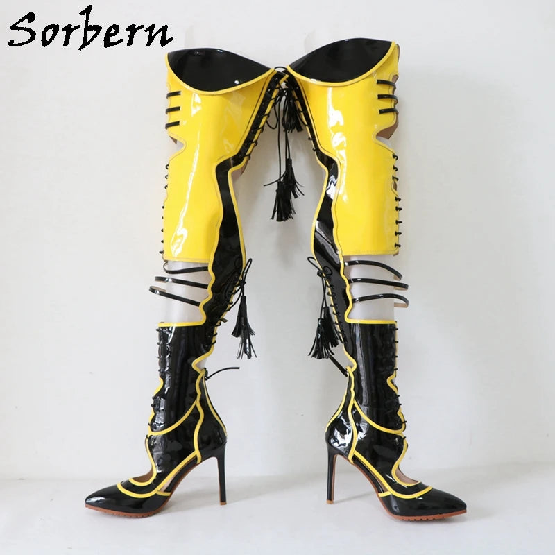 Sorbern Sexy Yellow Black Boots Women Over The Knee Lace Up Back Contrast Colors Pointed Toe Stilettos High Heels Custom Legs