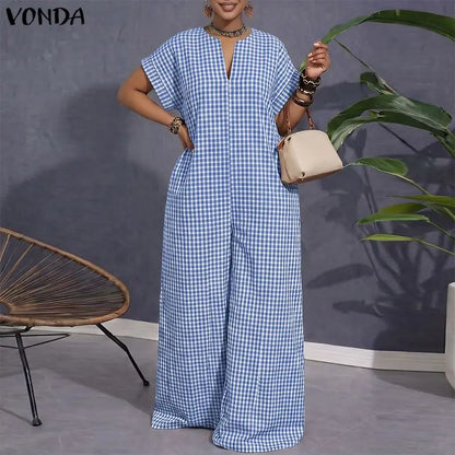 VONDA Women Plus Size Jumpsuits Fashion Summer Short Sleeve Tops Wide Leg Pants OL Work Playsuits Plaid Overalls Streetwear