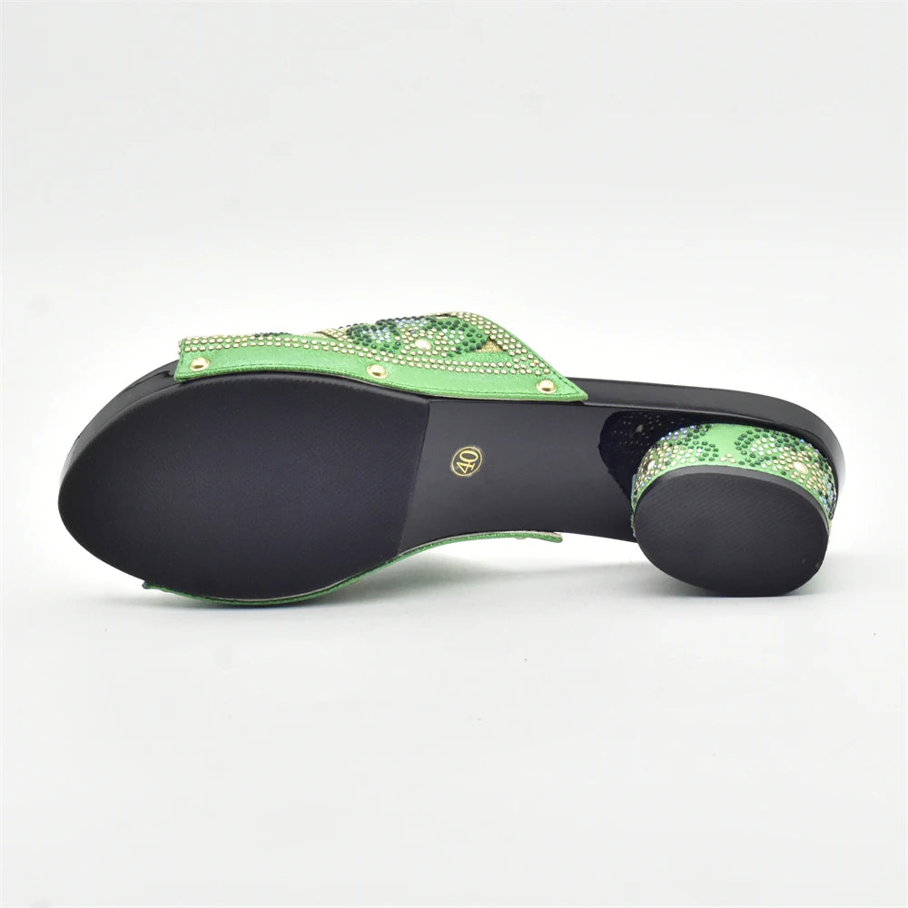 New Arrival Green Color Nigerian Shoes and Matching Bags Set Italian Ladies Shoes and Bags To Match Set Decorated with Rhinstone