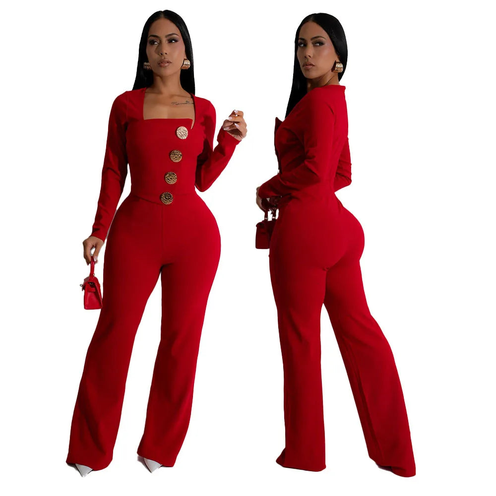 CM.YAYA Elegant Button Long Sleeve Irregular Girl Jumpsuits 2025 Spring Women's Overalls Outfits Night Club Streetwear One Piece