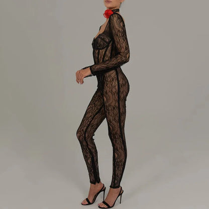 Cryptographic Sheer Lace Hollow Out Sexy Jumpsuits Zip Up Backless Outfits Women Unitards Square Neck Romper Overalls One Piece