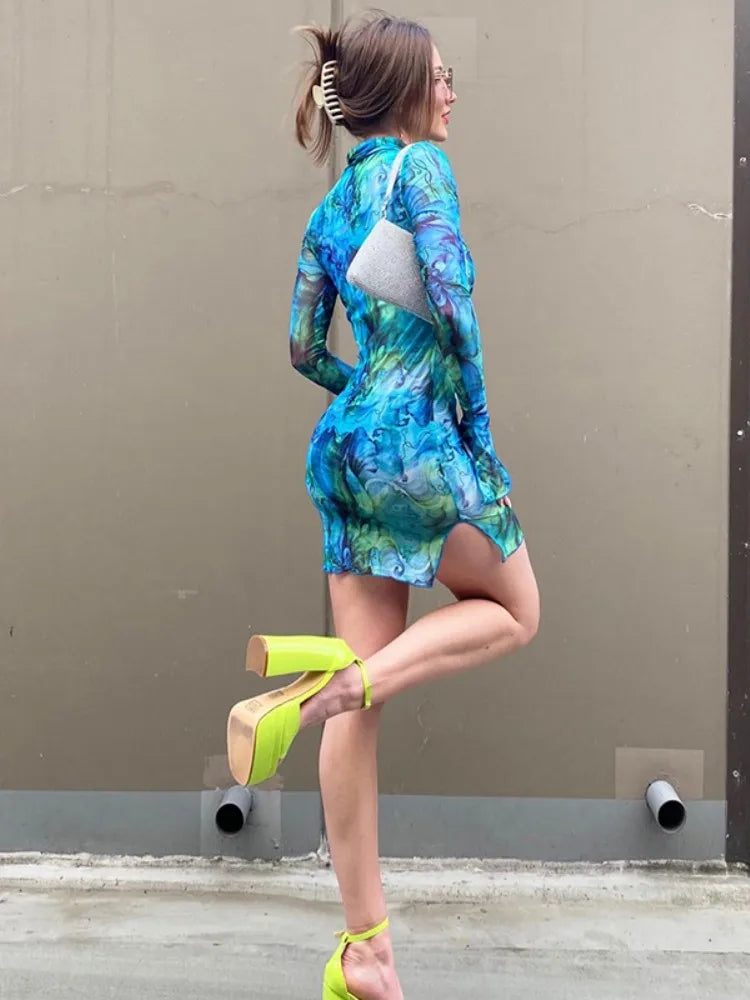 Flare Sleeve Color Printing Bodycon Dress Mini Women Clothing Turtleneck Sexy Streetwear High Waist Fashion One-Pieces Outfits