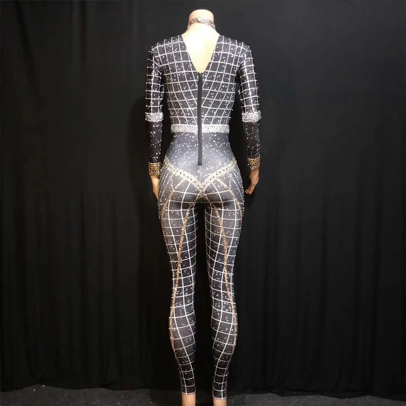 fashion Rhinestones Jumpsuit Crystal Pearl sexy Women Jumpsuits spandex party Nightclub birthday Pole Dance Singer Stage Costume