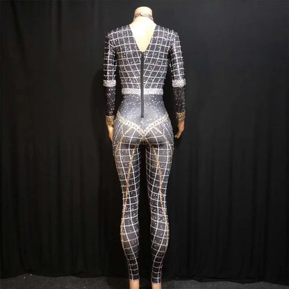 fashion Rhinestones Jumpsuit Crystal Pearl sexy Women Jumpsuits spandex party Nightclub birthday Pole Dance Singer Stage Costume