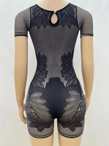 Sexy Club Women Hollow Out Style Rompers Playsuits Bodysuit Short Sleeve Streetwear Overalls Top Suit Summer Autumn Jumpsuit