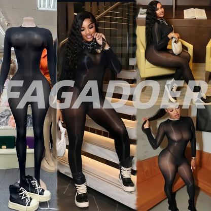 FAGADOER Summer New Sexy Mesh See Through Bodycon Jumpsuit Woman Long Sleeved Round Neck Rompers Female Party Club Overalls