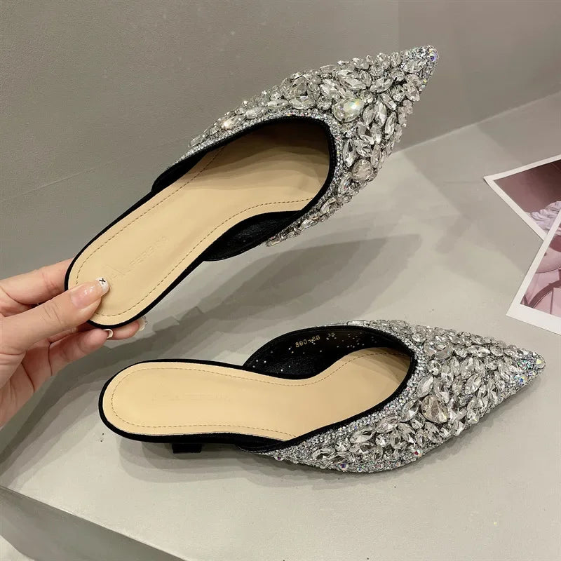 Luxury Rhinestone Sandals Women Slingback Slippers Female Fashions Low Heel Flip-flops Shiny Pointed Pumps Women Mules Slippers