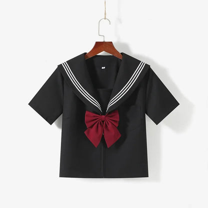 2025 Japanese School Uniform Girls Jk Suit Red Tie Black Oversized Patchwork Basic Sailor Uniform Women Long Sleeve Suit