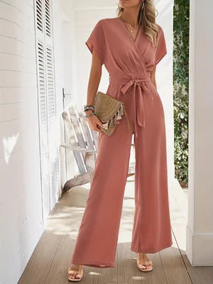 2026 Spring/Summer New Women's V-Neck Tie-Waist Jumpsuit Short Sleeve Wide-Leg Pants Jumpsuit Commuting Vacation Style Elegant Romper