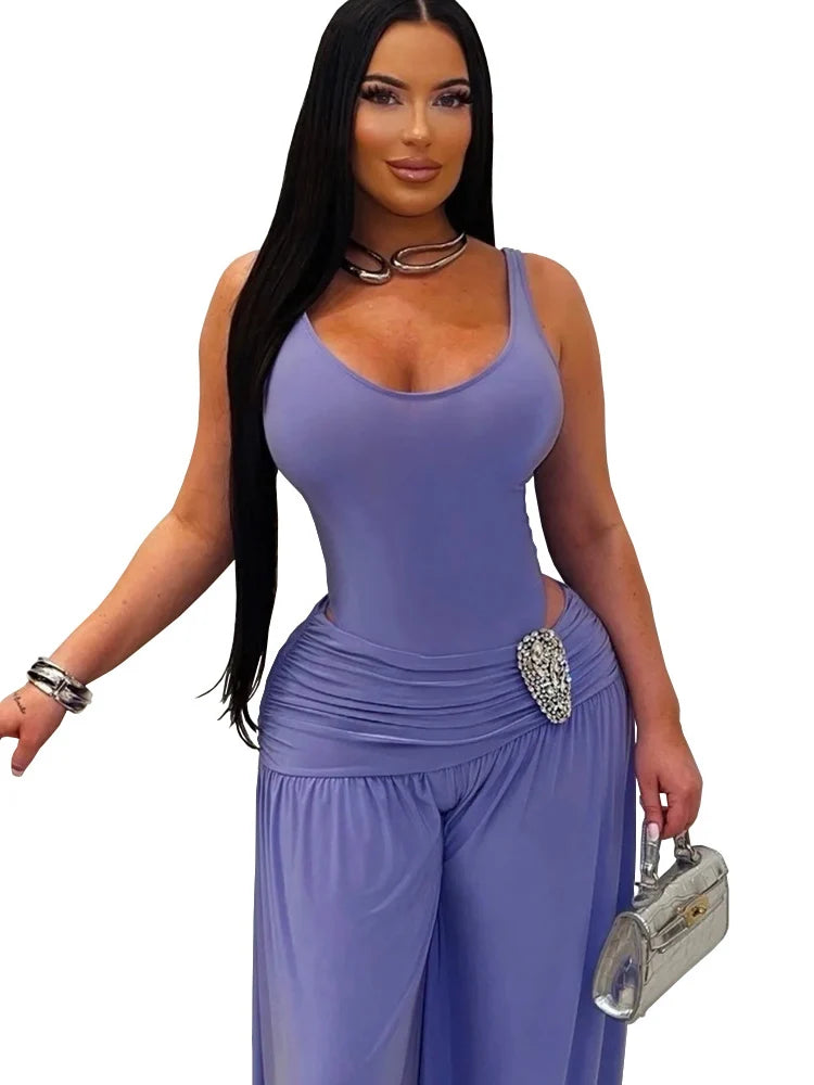 Kricesseen Sexy Ruched Waist Jumpsuits for Women Solid Sleeveless Wide Leg Long Pants Celebrity Party Clubwear Rompers