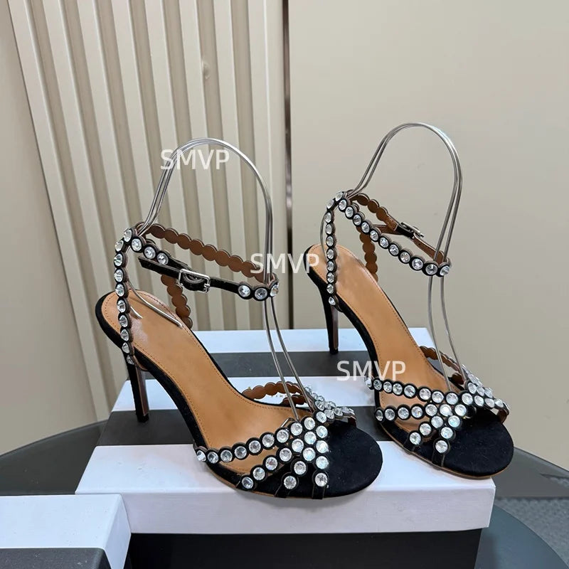 Women Crystal Rhinestone High Heel Sandals 2026 Summer New Toe Ankle Strap Thin Heels Transparent Silver Party Wedding Shoes