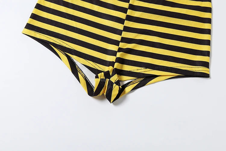 Weird Puss Stripe Patchwork 3 Piece Set Woman Lace-Up Halter Bra Tops+Low-Neck Short Sleeve T-Shirt+Mini Shorts Sexy Bikini Suit