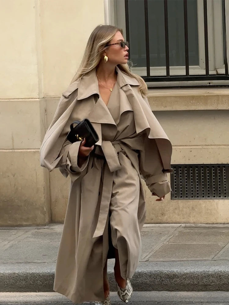 Women Khaki Long Color-block Stripe Trench Coat Wide Lapel Loose Drop Shoulder Blue Lining Slit Windbreaker Commute Outing Coats
