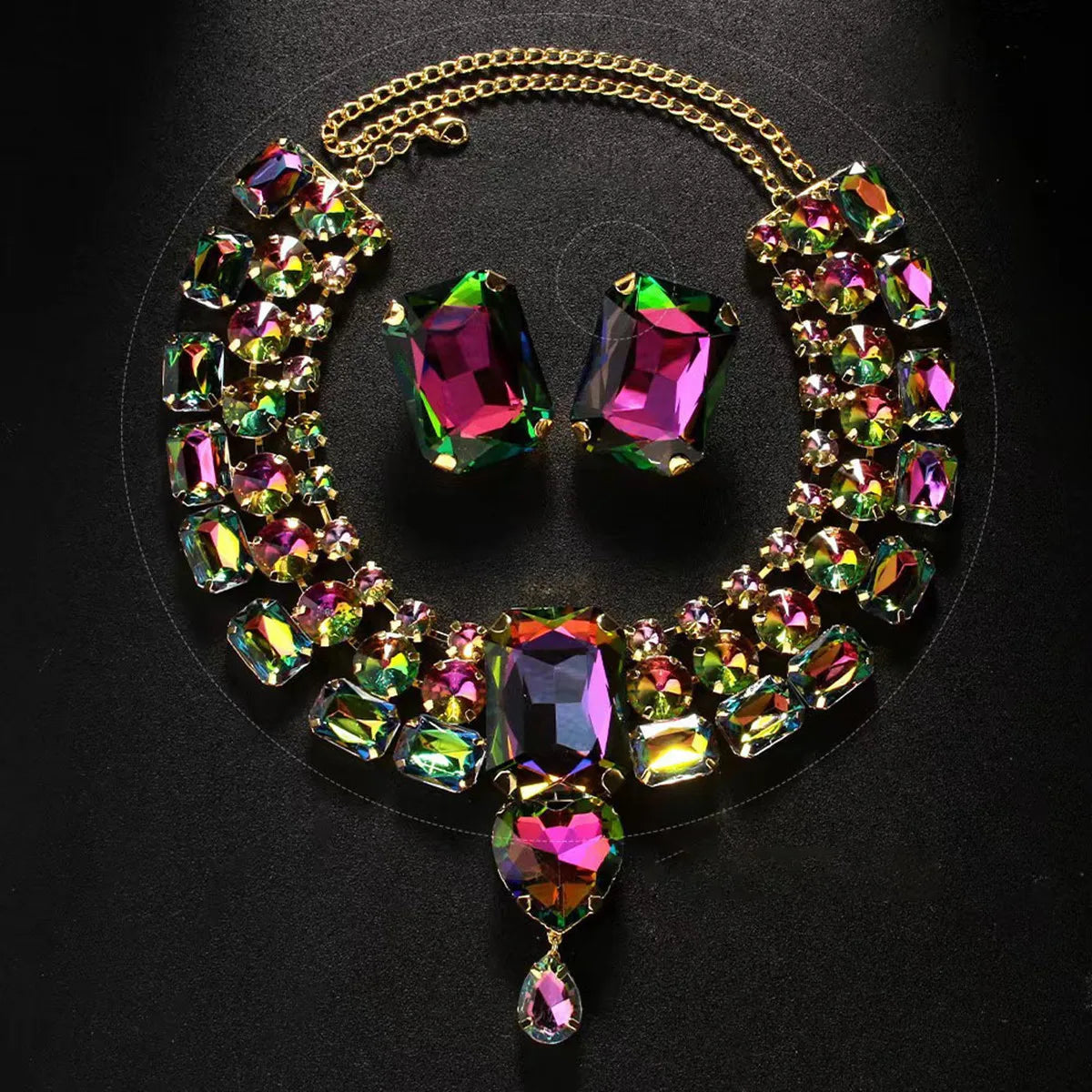 FYUAN Fashion Colorful Square Crystal Necklace Earrings For Women Party Wedding Jewelry Sets Accessories