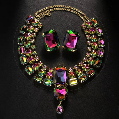 FYUAN Fashion Colorful Square Crystal Necklace Earrings For Women Party Wedding Jewelry Sets Accessories