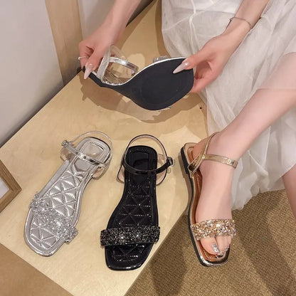 Luxury Crystal Square Toe Sandals Elegant Peep Toe Flat Slides Summer Fashionable Beach Shoes for Women